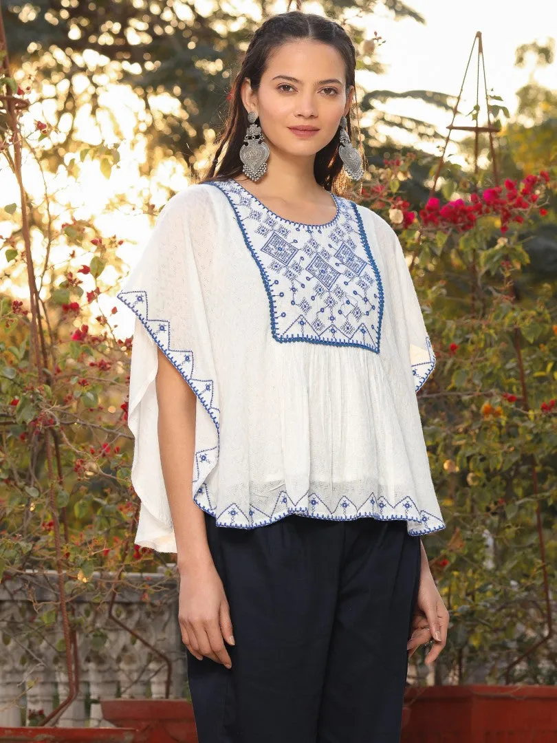 Women White Viscose Dobby Embroidered Tunic