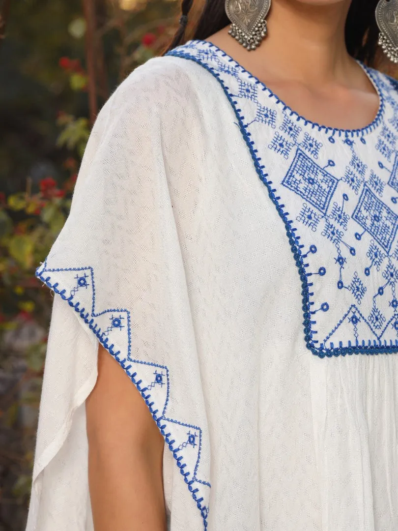 Women White Viscose Dobby Embroidered Tunic