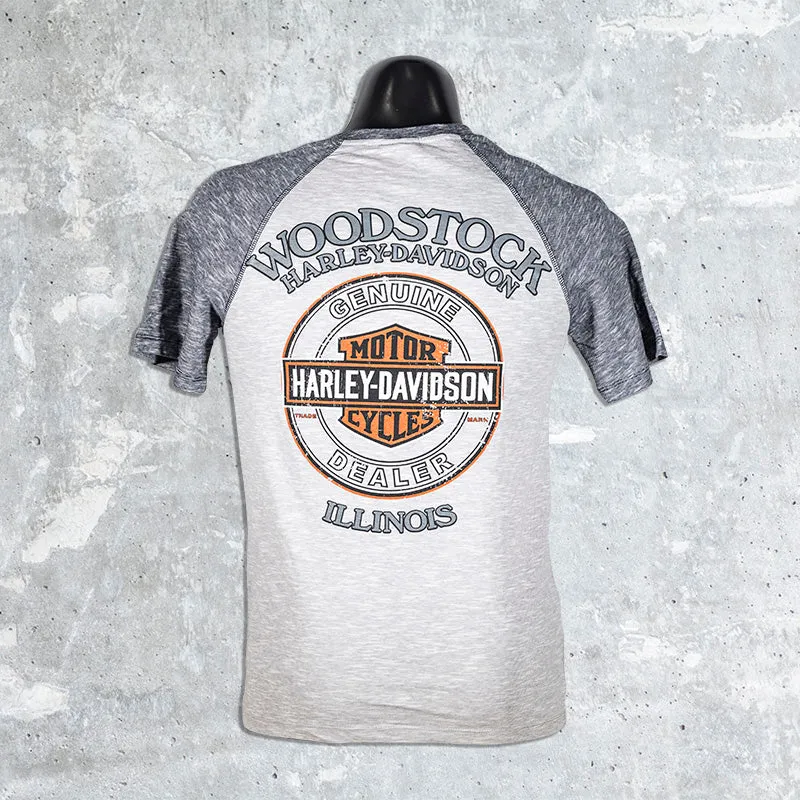 Woodstock Harley Davidson- Gray and Blue Henley Shirt